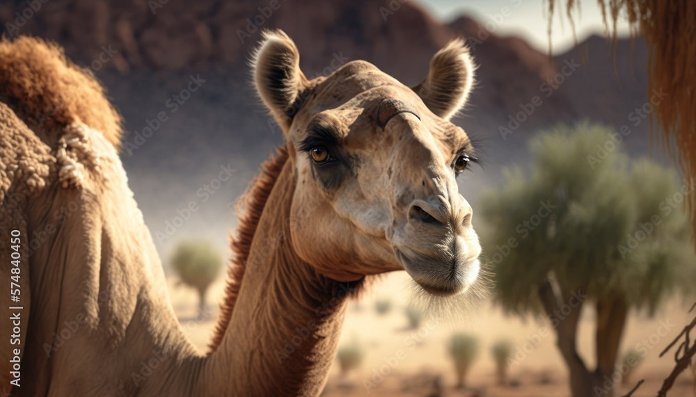 Obraz premium Beautiful Artistic Designer Cinematic Portrait of a Camel Animal in its Natural Habitat: Celebrating Cute Creatures, Wildlife, Biology, Nature, and Biodiversity (generative AI