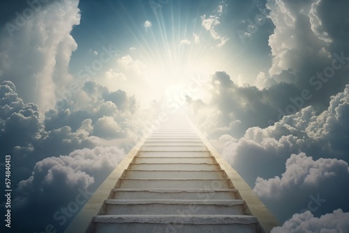 Murais de parede Conceptual image of stair leading up to bright sky with clouds