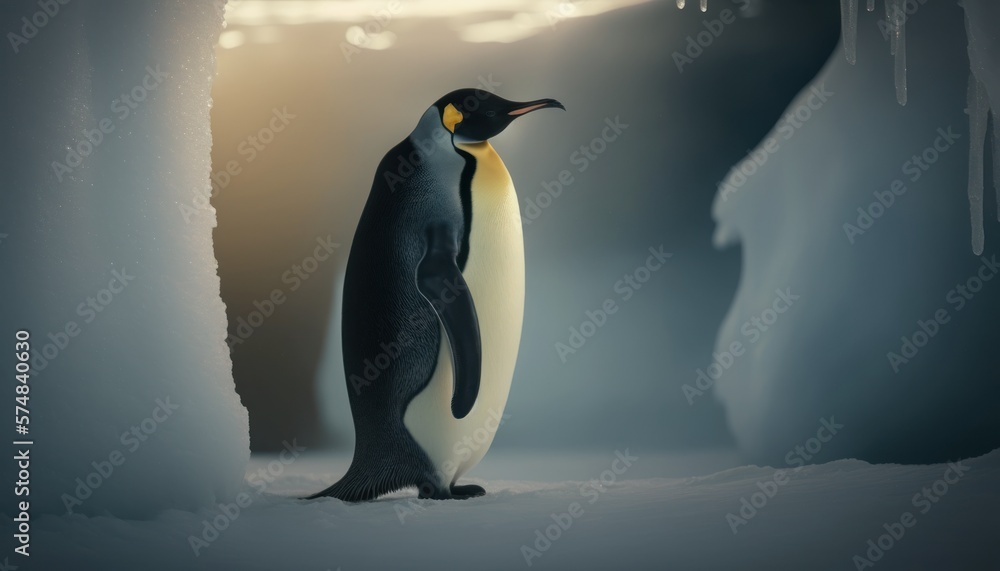 Fototapeta premium Beautiful Artistic Designer Cinematic Portrait of a Emperor Penguin Animal in its Natural Habitat: Celebrating Cute Creatures, Wildlife, Biology, Nature, and Biodiversity (generative AI