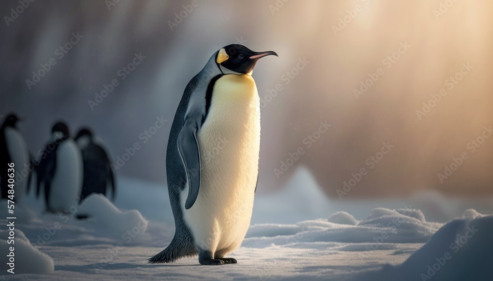 Obraz premium Beautiful Artistic Designer Cinematic Portrait of a Emperor Penguin Animal in its Natural Habitat: Celebrating Cute Creatures, Wildlife, Biology, Nature, and Biodiversity (generative AI