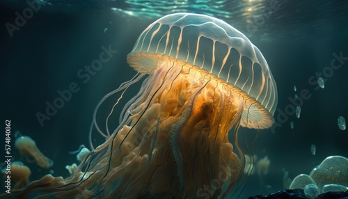 Beautiful Artistic Designer Cinematic Portrait of a Jellyfish Animal in its Natural Habitat: Celebrating Cute Creatures, Wildlife, Biology, Nature, and Biodiversity (generative AI