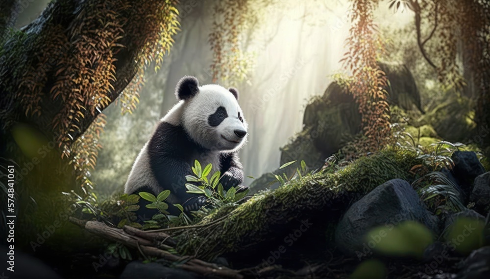 Beautiful Artistic Designer Cinematic Portrait of a Panda Animal in its Natural Habitat: Celebrating Cute Creatures, Wildlife, Biology, Nature, and Biodiversity (generative AI