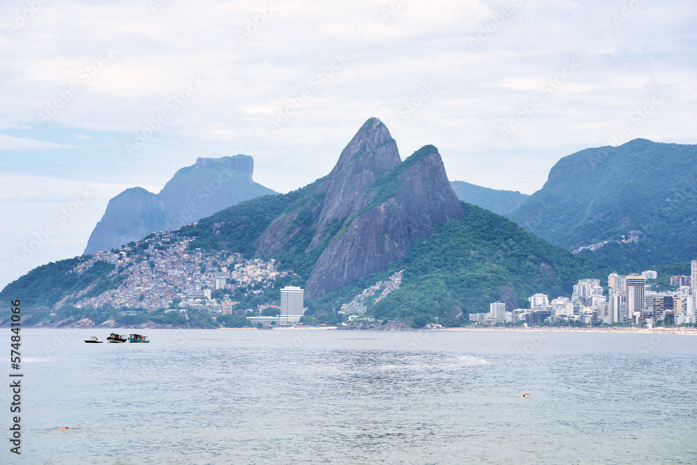 panoramic view of Two Brothers Mountain and cityscape of  Leblon beach from Arpoador in Rio de Janeiro	