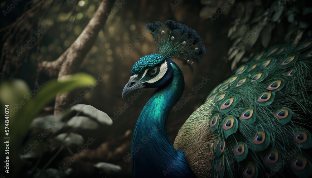 Obraz premium Beautiful Artistic Designer Cinematic Portrait of a Peacock Animal in its Natural Habitat: Celebrating Cute Creatures, Wildlife, Biology, Nature, and Biodiversity (generative AI