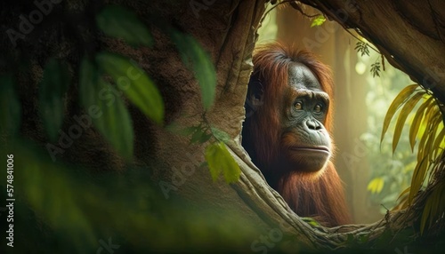 Beautiful Artistic Designer Cinematic Portrait of a Orangutan Animal in its Natural Habitat: Celebrating Cute Creatures, Wildlife, Biology, Nature, and Biodiversity (generative AI