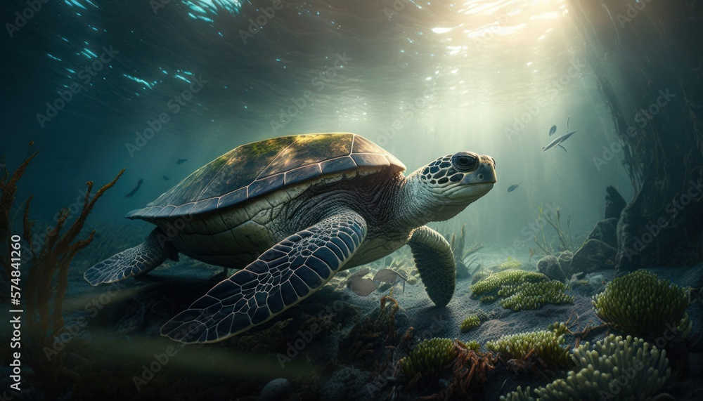 Fototapeta premium Beautiful Artistic Designer Cinematic Portrait of a sea turtle Animal in its Natural Habitat: Celebrating Cute Creatures, Wildlife, Biology, Nature, and Biodiversity (generative AI