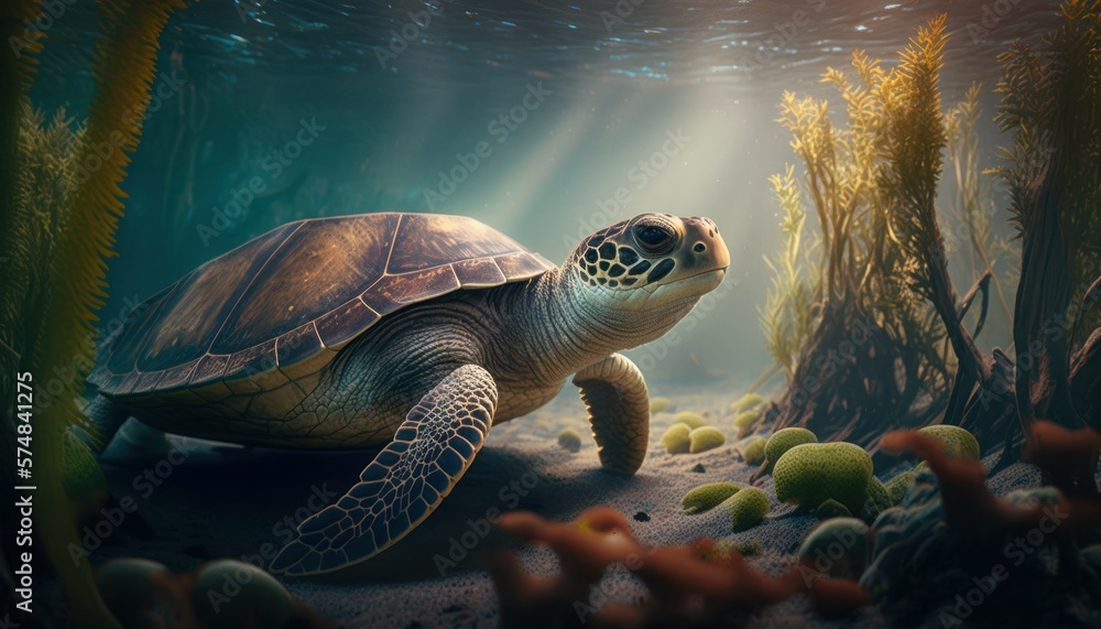 Fototapeta premium Beautiful Artistic Designer Cinematic Portrait of a sea turtle Animal in its Natural Habitat: Celebrating Cute Creatures, Wildlife, Biology, Nature, and Biodiversity (generative AI