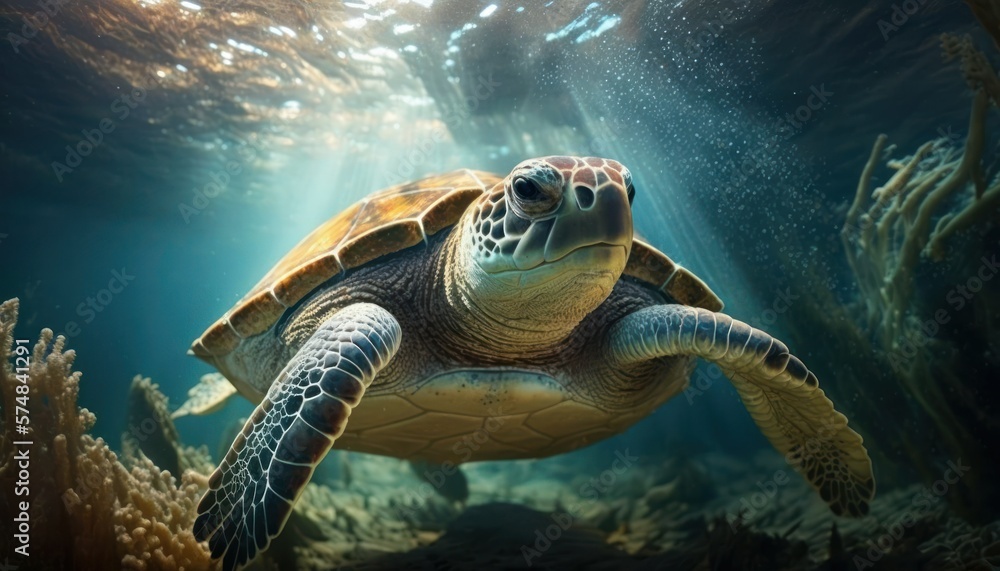 Obraz premium Beautiful Artistic Designer Cinematic Portrait of a sea turtle Animal in its Natural Habitat: Celebrating Cute Creatures, Wildlife, Biology, Nature, and Biodiversity (generative AI