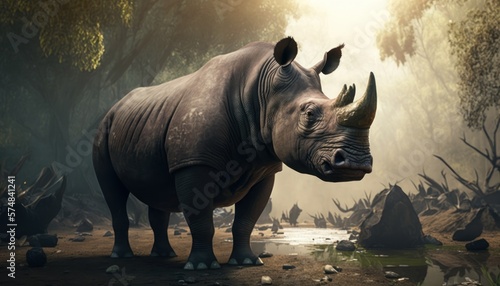 Beautiful Artistic Designer Cinematic Portrait of a Rhinoceros Animal in its Natural Habitat  Celebrating Cute Creatures  Wildlife  Biology  Nature  and Biodiversity  generative AI