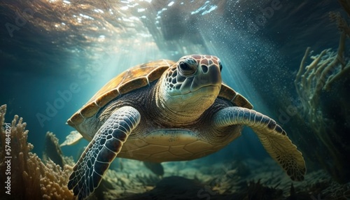 Beautiful Artistic Designer Cinematic Portrait of a sea turtle Animal in its Natural Habitat: Celebrating Cute Creatures, Wildlife, Biology, Nature, and Biodiversity (generative AI