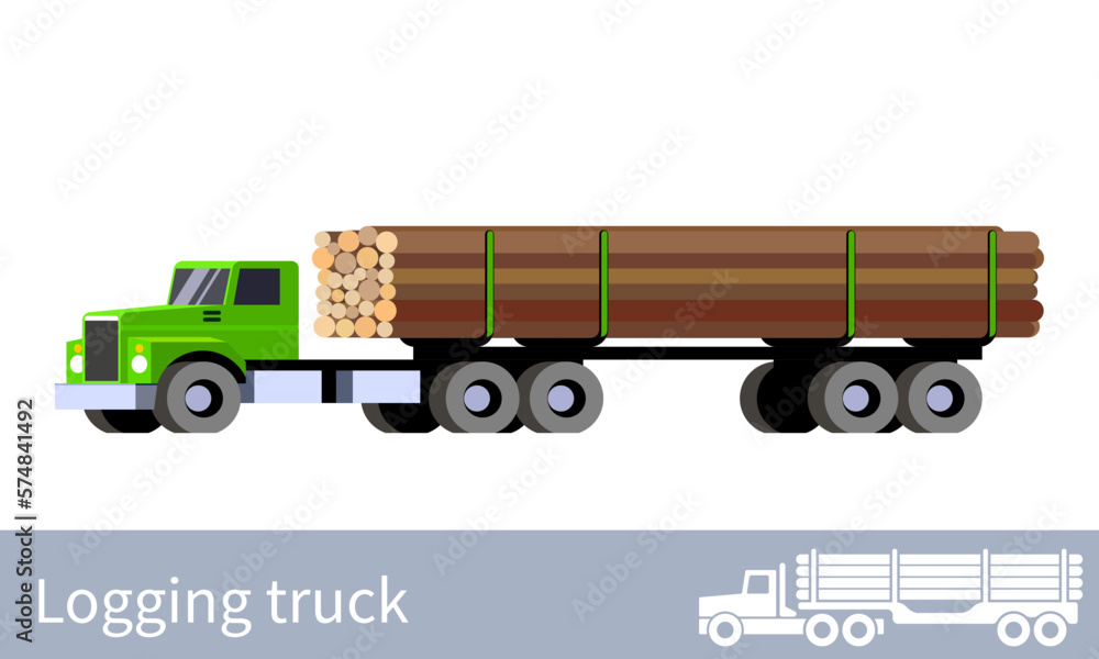 Logging semi-truck transporting large mounts of wooden logs. Forestry transportation industry. Front side view of colorful vector isolated illustration Logging semi-truck transporting large mounts of wooden logs. Forestry transportation industry. Front side view of colorful vector isolated illustration