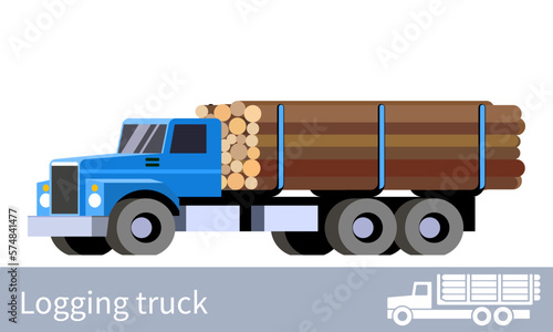 Logging truck transporting large mounts of wooden logs. Forestry transportation industry. Front side view of colorful vector isolated illustration