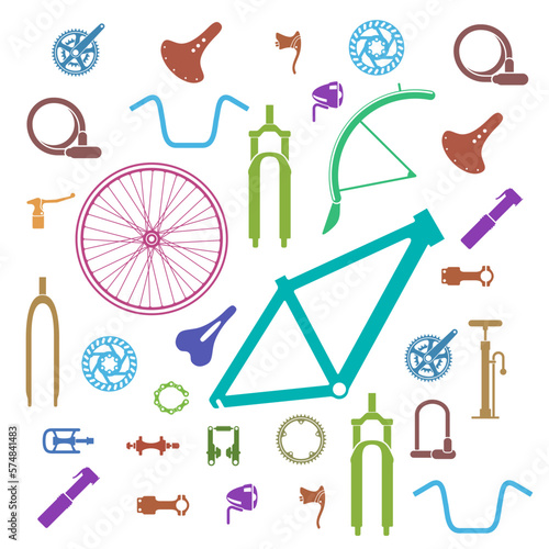 Bicycle parts and accessories pattern. Vector colorful illustration on white background