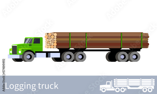 Logging semi-truck transporting large mounts of wooden logs. Forestry transportation industry. Front side view of colorful vector isolated illustration