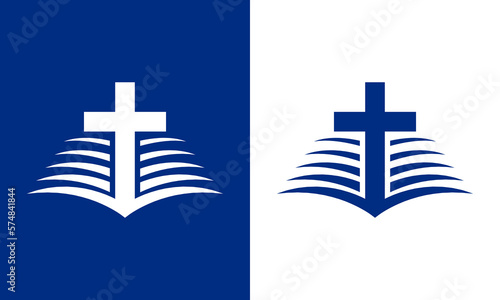 Bible and cross logo in shades of blue. It is suitable for logos of churches, organizations, movements, communities, and others. photo