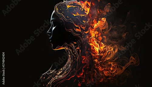 Beautiful woman flame silhouette, elegant and powerful, illustration, background, artistic - generative AI