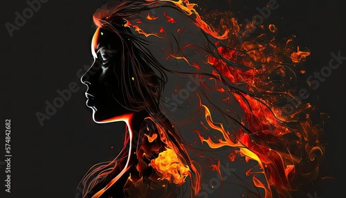 Beautiful woman flame silhouette, elegant and powerful, illustration, background, artistic - generative AI
