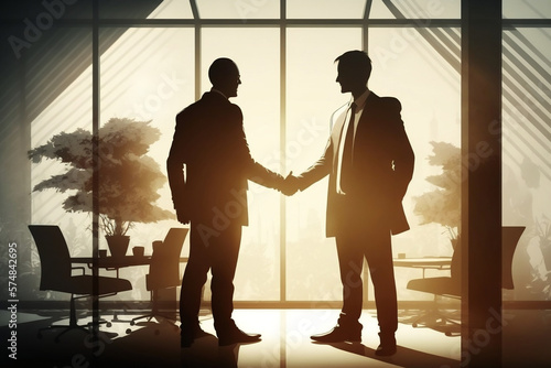 Silhouette of business man handshake inside a office building - Generative AI	 photo