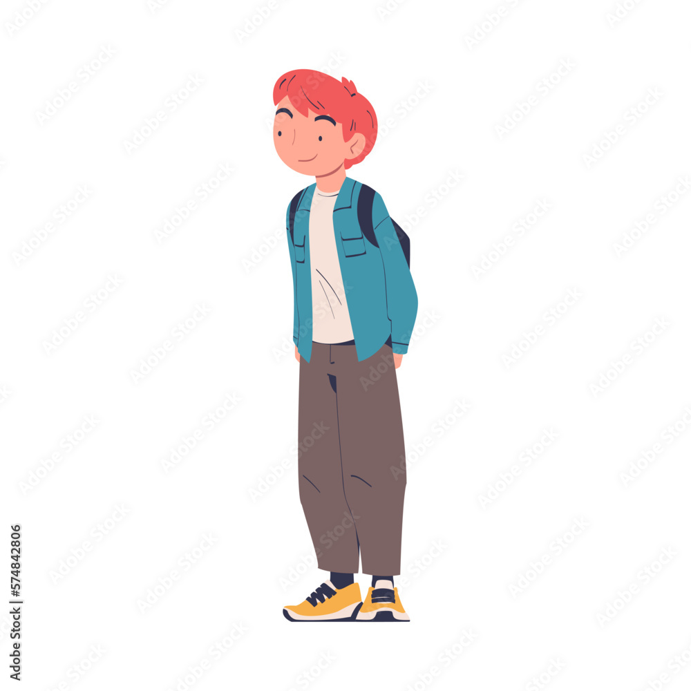 Teenage boy student in casual outfit standing with backpack cartoon vector illustration
