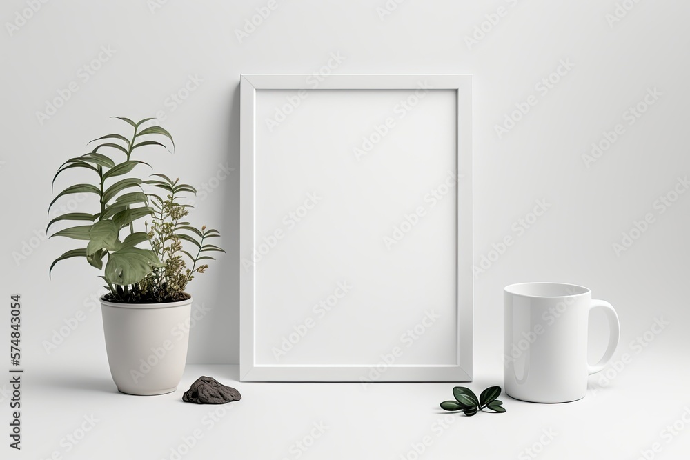 Mockup on white background with empty frame, cup, and flower in bottle vase. Generative AI Mockup on white background with empty frame, cup, and flower in bottle vase. Generative AI