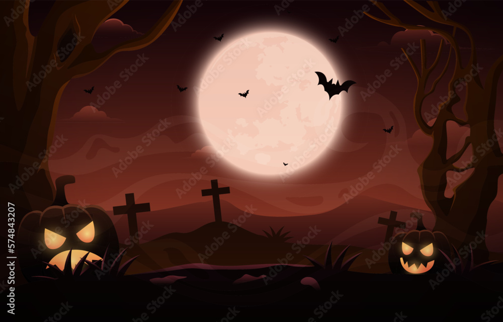 Halloween background design vector with dark night landscape of graveyard and glowing pumpkin lantern under the moonlight.