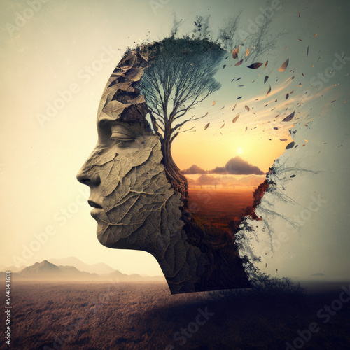 Face in the desert, half of the head open showing a tree, sunset and mountains, depicting mindfulness and well-being