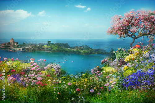 landscape with flowers and sea , Generative AI