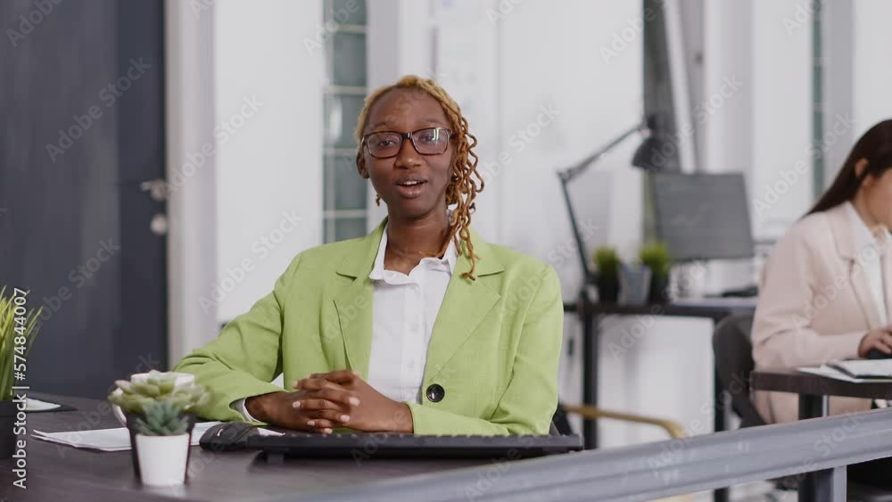 POV of business woman meeting on online videocall with people, using remote video conference call to talk to coworkers in office. Female worker chatting on telework conference. Tripod shot. POV of business woman meeting on online videocall with people, using remote video conference call to talk to coworkers in office. Female worker chatting on telework conference. Tripod shot.