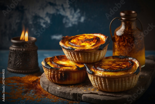 AI generated image of some Portuguese egg tart, also known as pastel de nata, originated from Portugal