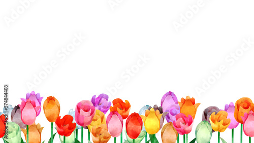カラフルなチューリップの背景フレーム。水彩風イラスト。
Colorful tulips background frame. Watercolor style illustration.