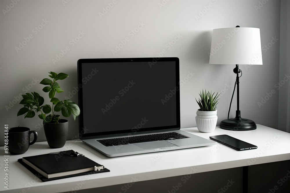 Laptop computer in home office with blank, black screen. with space for your text or mockup in the copy. Generative AI Laptop computer in home office with blank, black screen. with space for your text or mockup in the copy. Generative AI