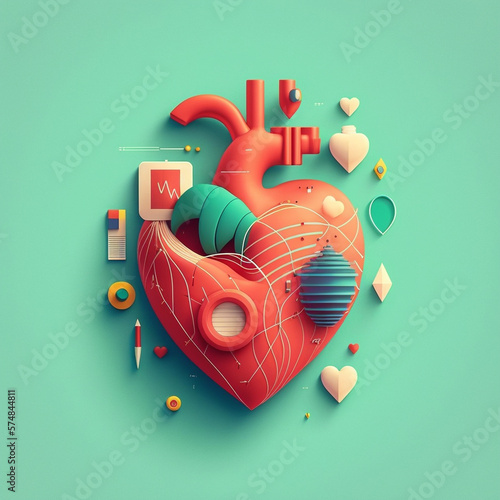 Heart care concept. Abstract stylized illustration. Cardiac anatomy and physiology. Artificial organ. World heart day. AI Generated