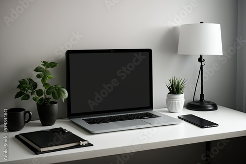 Laptop computer in home office with blank, black screen. with space for your text or mockup in the copy. Generative AI