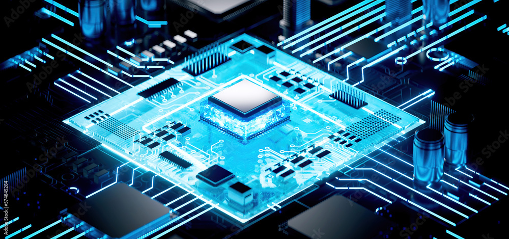 3D rendering of cyberpunk AI. Circuit board. Technology background ...