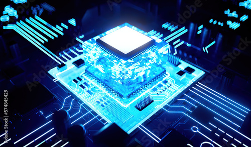 3D rendering of cyberpunk AI. Circuit board. Technology background. Central Computer Processors CPU and GPU concept. Motherboard digital chip. Tech science background.