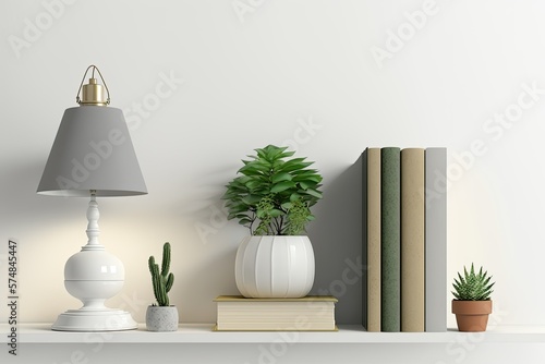 A white wall mockup with potted plants, a lamp, and a stack of books on a shelf. Generative AI