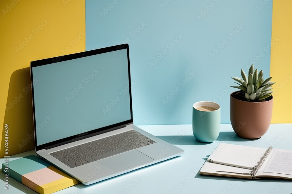 a cozy office with a modern laptop on a table next to a colorful wall. Generative AI a cozy office with a modern laptop on a table next to a colorful wall. Generative AI