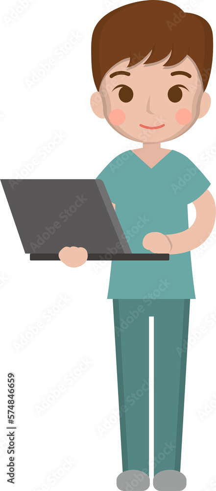 Male surgeon or paramedic with report or debriefing on laptop Male surgeon or paramedic with report or debriefing on laptop