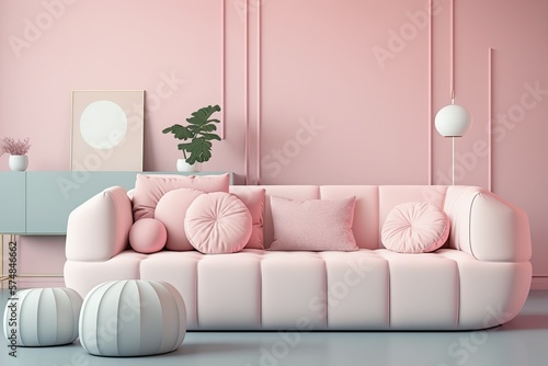 modern white sofa in pink living room. Minimalism. pastel hues. Generative AI