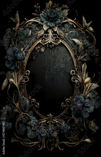 Obraz na plátně Guilded frame with dark gothic florals and botanicals, matte gold distressed tex