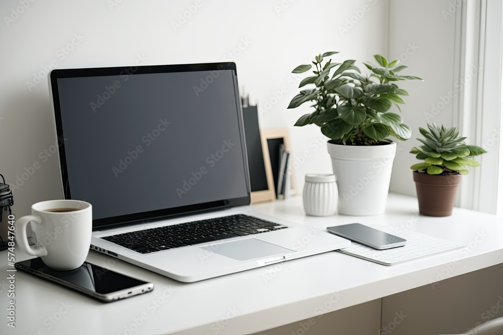 Workspace, laptop computer on desk with mock-up of a blank, white screen. Copy space and mockup. Home office design idea. Business, home-based employment, academic pursuits, and website design Workspace, laptop computer on desk with mock-up of a blank, white screen. Copy space and mockup. Home office design idea. Business, home-based employment, academic pursuits, and website design