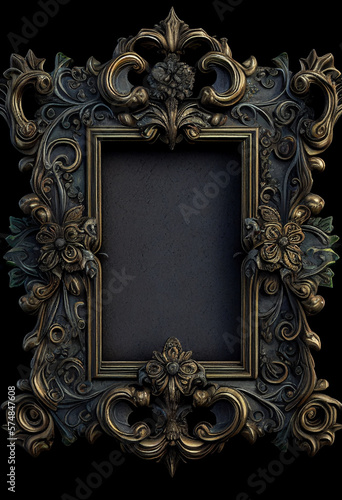Guilded frame with dark gothic florals and botanicals, matte gold distressed textured aged vintage frame, lush and mysterious, gritty and goth, empty for copy space, centered, generative AI, AI