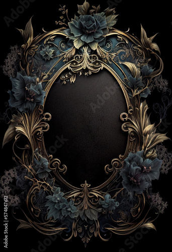 Guilded frame with dark gothic florals and botanicals, matte gold distressed textured aged vintage frame, lush and mysterious, gritty and goth, empty for copy space, centered, generative AI, AI