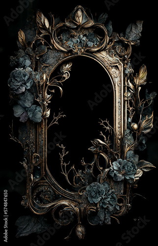 Vászonkép Guilded frame with dark gothic florals and botanicals, matte gold distressed tex