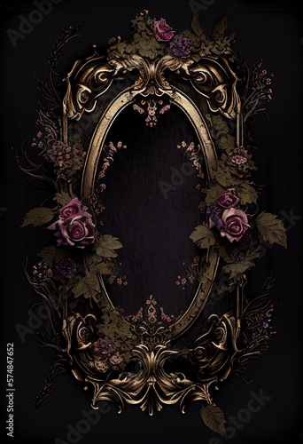 Guilded frame with dark gothic florals and botanicals, matte gold distressed textured aged vintage frame, lush and mysterious, gritty and goth, empty for copy space, centered, generative AI, AI photo