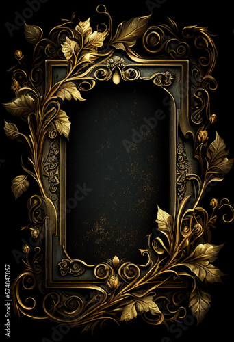 Guilded frame with dark gothic florals and botanicals, matte gold distressed textured aged vintage frame, lush and mysterious, gritty and goth, empty for copy space, centered, generative AI, AI © yesdoubleyes