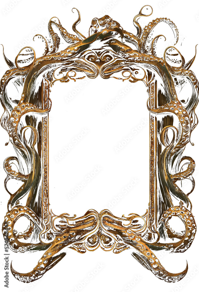 Φωτογραφία transparent Chuthulu monster of the deep gilded tentacles matte gold frame design, creepy Lovecraft-inspired frame for Halloween promotions, horror book covers, mystery of the deep