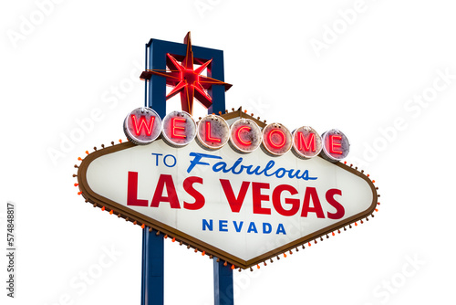 Dusk view of the famous Welcome to Fabulous Las Vegas sign with cut out background.