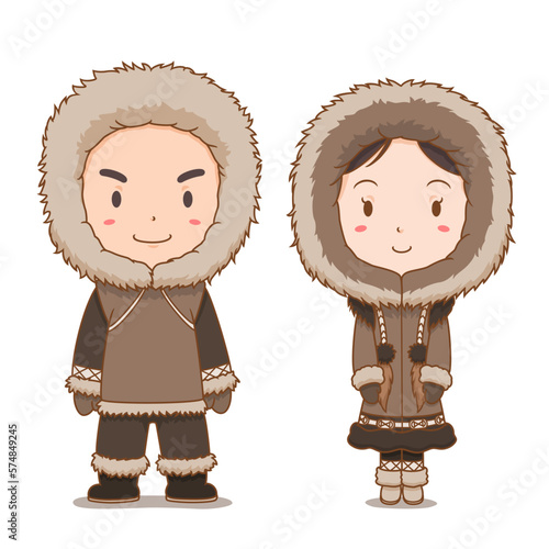 Cute couple of Eskimo in traditional costume.