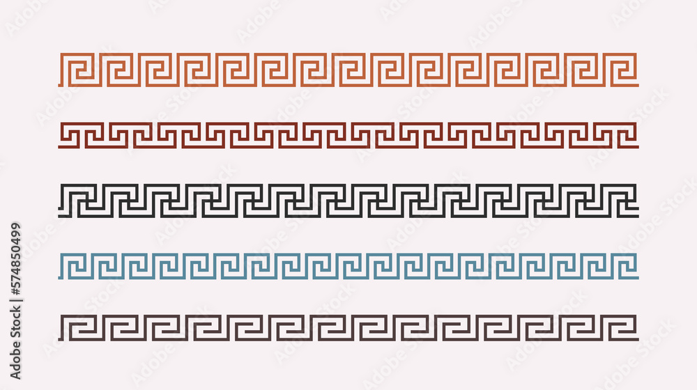 Greek key ornaments collection. Colored meander pattern set. Repeating geometric meandros motif. Greek fret design. Ancient decorative border. Vector decoration - obrazy, fototapety, plakaty 